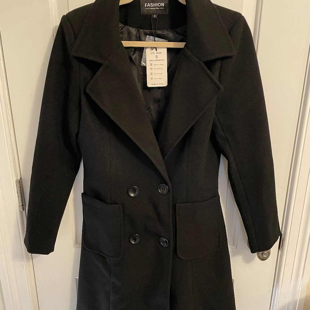 NWT Women's Fashion Collection BLACK double breasted wool pea coat, Size Small